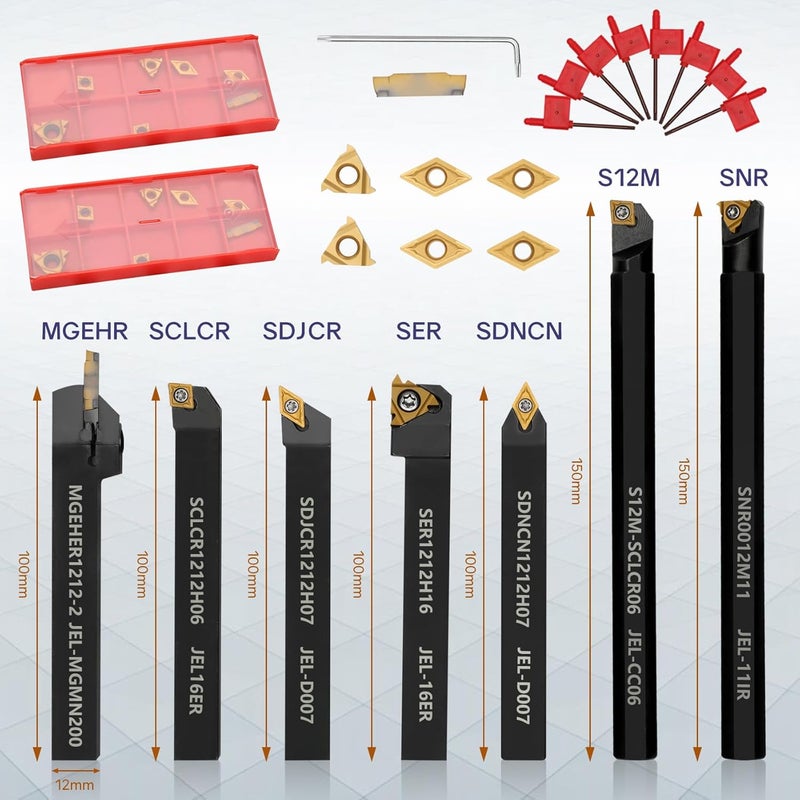 Joogto Indexable Lathe Turning Tool 21Pcs Kit 1/2'' 12mm Shank 7 Pcs Metal Lathe Tool Holder Set with 14 Pcs Turning Inserts for Turning Grooving Threading Boring Carbide Inserts Carbide Turning Tool - Image 2